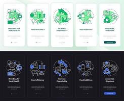 Reduce methane emissions night and day mode onboarding mobile app screen. Walkthrough 5 steps graphic instructions pages with linear concepts. UI, UX, GUI template. Myriad Pro-Bold, Regular fonts used vector