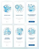 Selecting good pricing strategy blue onboarding mobile app screen set. Walkthrough 3 steps graphic instructions pages with linear concepts. UI, UX, GUI template. Myriad Pro-Bold, Regular fonts used vector