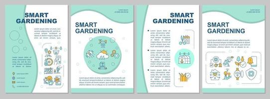 Smart farming mint brochure template. Easy gardening solutions. Leaflet design with linear icons. 4 vector layouts for presentation, annual reports. Arial, Myriad Pro-Regular fonts used