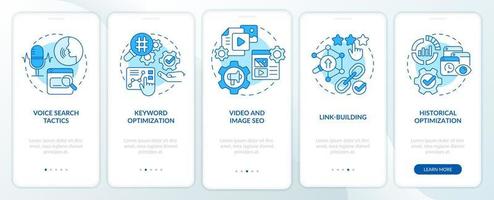 SEO marketing trends blue onboarding mobile app screen. Technology walkthrough 5 steps graphic instructions pages with linear concepts. UI, UX, GUI template. Myriad Pro-Bold, Regular fonts used vector