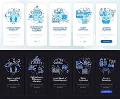 Centrally planned ES pros night, day mode onboarding mobile app screen. Walkthrough 5 steps graphic instructions pages with linear concepts. UI, UX, GUI template. Myriad Pro-Bold, Regular fonts used vector