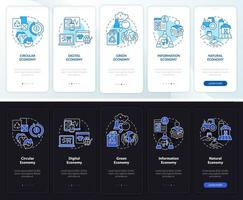 Economy models night and day mode onboarding mobile app screen. Walkthrough 5 steps graphic instructions pages with linear concepts. UI, UX, GUI template. Myriad Pro-Bold, Regular fonts used vector