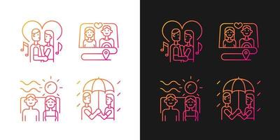 Couple quality time gradient icons set for dark and light mode. Spending time together as family. Thin line contour symbols bundle. Isolated vector outline illustrations collection on black and white