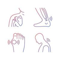 Musculoskeletal pain gradient linear vector icons set. Dislocated shoulder. Muscles overstretching. Neck rheumatism. Thin line contour symbols bundle. Isolated outline illustrations collection