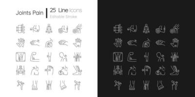 Joints pain linear icons set for dark and light mode. Rheumatism. Arthritis development. Muscles inflammation. Customizable thin line symbols. Isolated vector outline illustrations. Editable stroke