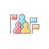 Social studies RGB color icon. Group of people, flags. Humanities science. Social science learning in schools, universities. Isolated vector illustration. Simple filled line drawing