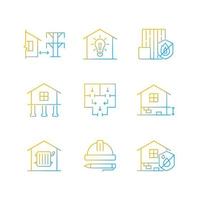 Building safety regulations gradient linear vector icons set. Adequate housing. Resistance to fire. Electricity supply. Thin line contour symbols bundle. Isolated outline illustrations collection