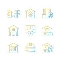 Building safety regulations gradient linear vector icons set. Adequate housing. Resistance to fire. Electricity supply. Thin line contour symbols bundle. Isolated outline illustrations collection