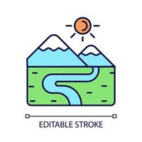 Valley RGB color icon. Lowland. Elongate low landform. Area between hills and mountains. Land surface depression. Dry river. Isolated vector illustration. Simple filled line drawing. Editable stroke