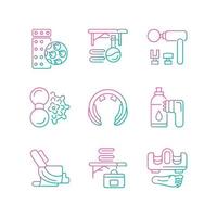 Electric massagers gradient linear vector icons set. Massage table and oil. Vibrating devices for neck and back stimulation. Thin line contour symbols bundle. Isolated outline illustrations collection