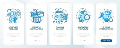 Obstacles to happiness mindset blue onboarding mobile app page screen. Success walkthrough 5 steps graphic instructions with concepts. UI, UX, GUI vector template with linear color illustrations