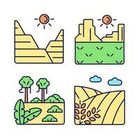 Landforms RGB color icons set. Sediment and rock land formation. Hot climate region. Jungle and rainforest. Isolated vector illustrations. Simple filled line drawings collection. Editable stroke