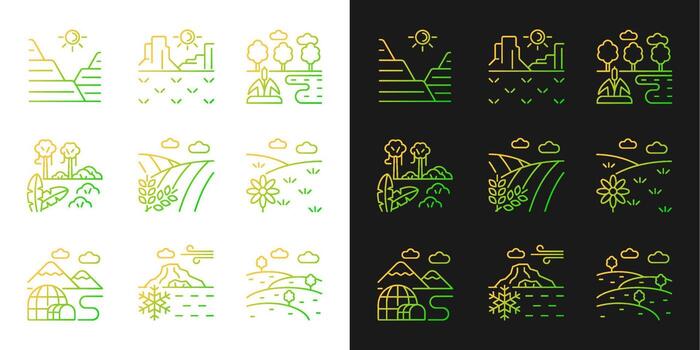 Biomes and landforms gradient icons set for dark and light mode. Diverse climatic zones. Thin line contour symbols bundle. Isolated vector outline illustrations collection on black and white