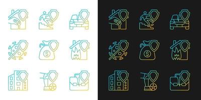 Accidents insurance policies gradient icons set for dark and light mode. Insurance case coverage. Thin line contour symbols bundle. Isolated vector outline illustrations collection on black and white