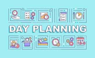 Day planning word concepts turquoise banner. Balanced lifestyle. Infographics with linear icons on background. Isolated typography. Vector outline color illustration with text. Arial-Black font used