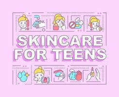 Skincare for teens word concepts pink banner. Skin treatment. Infographics with linear icons on background. Isolated typography. Vector color illustration with text. Arial-Black font used