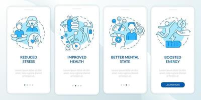 Benefits of life balance blue onboarding mobile app screen. Wellness walkthrough 4 steps graphic instructions pages with linear concepts. UI, UX, GUI template. Myriad Pro-Bold, Regular fonts used vector