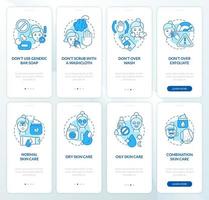 Skincare routine blue onboarding mobile app screen set. Health walkthrough 4 steps graphic instructions pages with linear concepts. UI, UX, GUI template. Myriad Pro-Bold, Regular fonts used vector