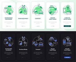 How to minimize waste night and day mode onboarding mobile app screen. Walkthrough 5 steps graphic instructions pages with linear concepts. UI, UX, GUI template. Myriad Pro-Bold, Regular fonts used vector