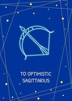 Greetings to optimistic sagittarius postcard with linear glyph icon. Greeting card with decorative vector design. Simple style poster with creative lineart illustration. Flyer with holiday wish