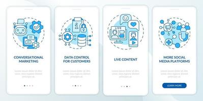 Modern marketing trends blue onboarding mobile app screen. Campaign walkthrough 4 steps graphic instructions pages with linear concepts. UI, UX, GUI template. Myriad Pro-Bold, Regular fonts used vector