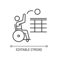 Wheelchair volleyball linear icon. Sitting athletes competition. Professional sport event. Thin line customizable illustration. Contour symbol. Vector isolated outline drawing. Editable stroke