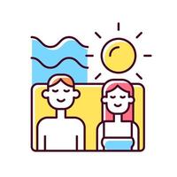 Couple spending vacation together RGB color icon. Quality time with partner. Romantic summer vacation. Couple relaxing at beach. Isolated vector illustration. Simple filled line drawing