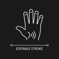 Thumb arthritis white linear icon for dark theme. Degenerative changes. Osteoarthritis in thumb. Thin line customizable illustration. Isolated vector contour symbol for night mode. Editable stroke
