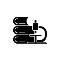 Science black glyph icon. Microscope, stack of books. Learning through observation and experimentation. Science classes. Silhouette symbol on white space. Vector isolated illustration