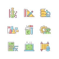 Different types of school subjects RGB color icons set. Scientific study. Music classes in educational institutions. Isolated vector illustrations. Simple filled line drawings collection