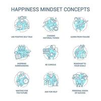 Happiness mindset blue concept icons set. Personal growth idea thin line color illustrations. Becoming happy. Self vision of success. Goal setting. Vector isolated outline drawings. Editable stroke