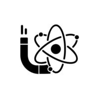 Physics black glyph icon. Image of atom, electrons, protons, neutrons. Stydying of matter, motion, energy, force in universities. Silhouette symbol on white space. Vector isolated illustration