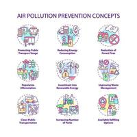 conjunto de iconos de concepto de prevención de la contaminación del aire. ideas de energía renovable ilustraciones en color de línea delgada. transporte público limpio. gestión de residuos. dibujos de contorno aislados vectoriales. trazo editable vector