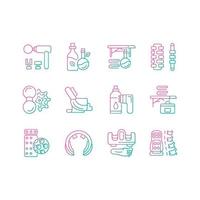 Massage tools and equipment gradient linear vector icons set. Devices for stimulating shoulders, back. Massaging equipment. Thin line contour symbols bundle. Isolated outline illustrations collection