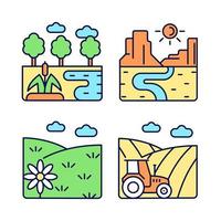 Diverse land types RGB color icons set. Cultivable and barren soil. Plant growing climate condition. Isolated vector illustrations. Simple filled line drawings collection. Editable stroke