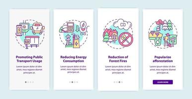 Common initiatives onboarding mobile app page screen. Reduce energy consumption walkthrough 4 steps graphic instructions with concepts. UI, UX, GUI vector template with linear color illustrations
