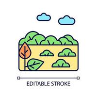 Shrubland RGB color icon. Scrubland. Bush and short tree growing area. Land type with shrub. Bushwood rocky terrain. Isolated vector illustration. Simple filled line drawing. Editable stroke