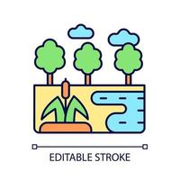 Wetland RGB color icon. Water covered land type. Wet landform. Swamp and peatland. Aquatic terrain. Biome with high humidity. Isolated vector illustration. Simple filled line drawing. Editable stroke