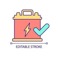 Electric power load balancing RGB color icon. Accumulator with green check mark. Smart grid system. Isolated vector illustration. Simple filled line drawing. Editable stroke. Arial font used