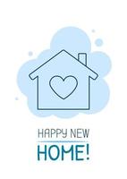 Happy new home congratulation postcard with linear glyph icon. Greeting card with decorative vector design. Simple style poster with creative lineart illustration. Flyer with holiday wish