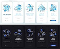 Preventing climate changes night, day mode onboarding mobile app screen. Walkthrough 5 steps graphic instructions pages with linear concepts. UI, UX, GUI template. Myriad Pro-Bold, Regular fonts used vector