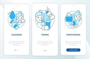 Skincare routine steps blue onboarding mobile app screen. Beauty tips walkthrough 3 steps graphic instructions pages with linear concepts. UI, UX, GUI template. Myriad Pro-Bold, Regular fonts used vector