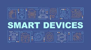 Smart tech devices word concepts dark blue banner. Home automation. Infographics with icons on color background. Isolated typography. Vector illustration with text. Arial-Black font used