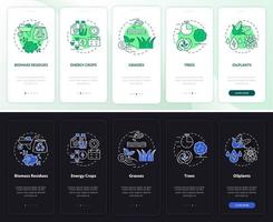 Biomass sources on farm night and day mode onboarding mobile app screen. Walkthrough 5 steps graphic instructions pages with linear concepts. UI, UX, GUI template. Myriad Pro-Bold, Regular fonts used vector