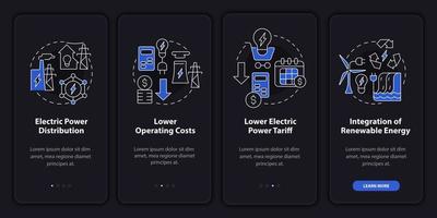 Smart grid characteristics night mode onboarding mobile app screen. Tech walkthrough 4 steps graphic instructions pages with linear concepts. UI, UX, GUI template. Myriad Pro-Bold, Regular fonts used vector