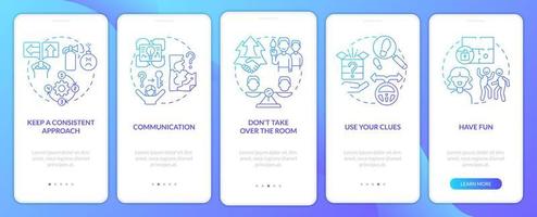 Escape room action plan blue gradient onboarding mobile app screen. Walkthrough 5 steps graphic instructions pages with linear concepts. UI, UX, GUI template. Myriad Pro-Bold, Regular fonts used vector