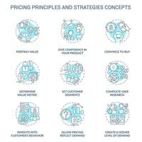 Pricing principles and strategies turquoise concept icons set. Convince to buy idea thin line color illustrations. Isolated outline drawings. Editable stroke. Roboto-Medium, Myriad Pro-Bold fonts used vector