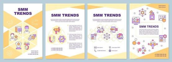 SMM trends yellow brochure template. Digital marketing. Leaflet design with linear icons. 4 vector layouts for presentation, annual reports. Arial-Black, Myriad Pro-Regular fonts used