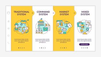 Economic system types yellow onboarding template. Production and distribution. Responsive mobile website with linear concept icons. Web page walkthrough 4 step screens. Lato-Bold, Regular fonts used vector