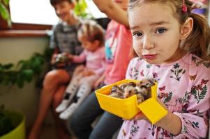 Four children holding their favorite pets on hands. Kids playing with hamster,turtle at home. photo